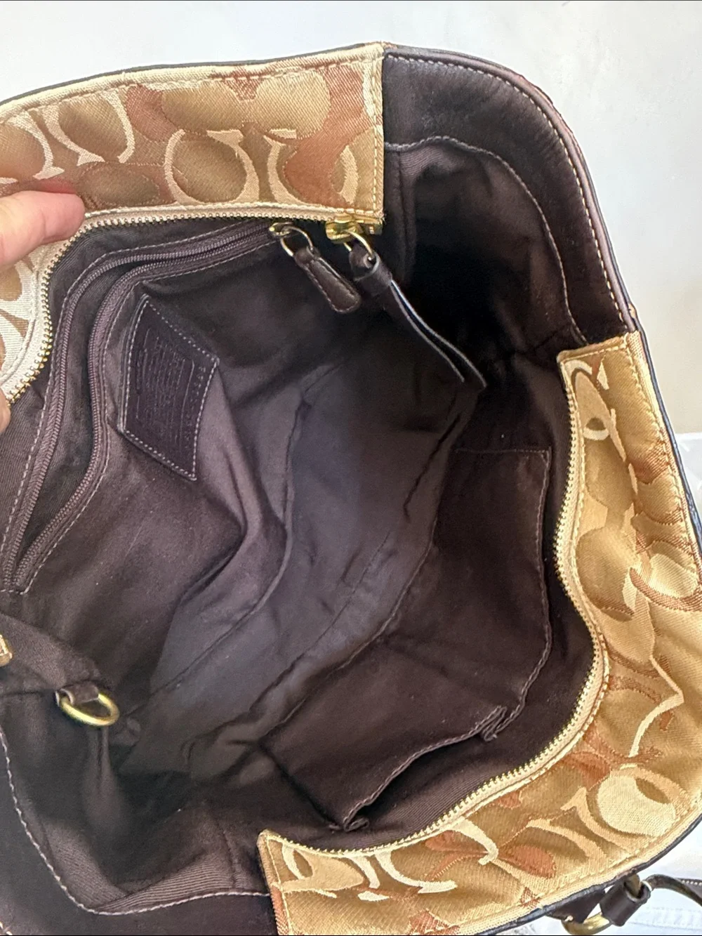 Coach Patchwork Signature Shoulder Tote in Metallic Gold and Brown Leather Trim
